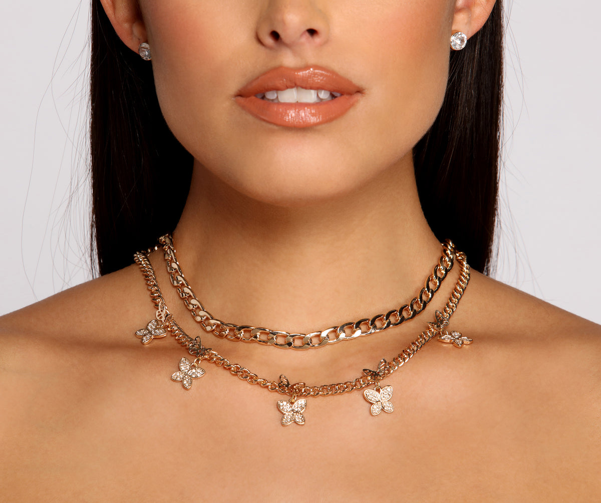 Iced out butterfly necklace set Cuban link chain choker necklace Women